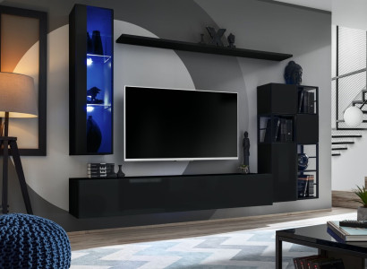 Suite Living room Wall unit 250 cm Black Furnishings Wooden furniture wall cabinet